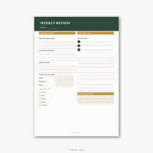 May include: A weekly review planner with a dark green and gold header that reads "WEEKLY REVIEW". The planner includes sections for reviewing the past week and planning the next, with prompts for accomplishments, challenges, and priorities. The bottom has a section for gratitude.