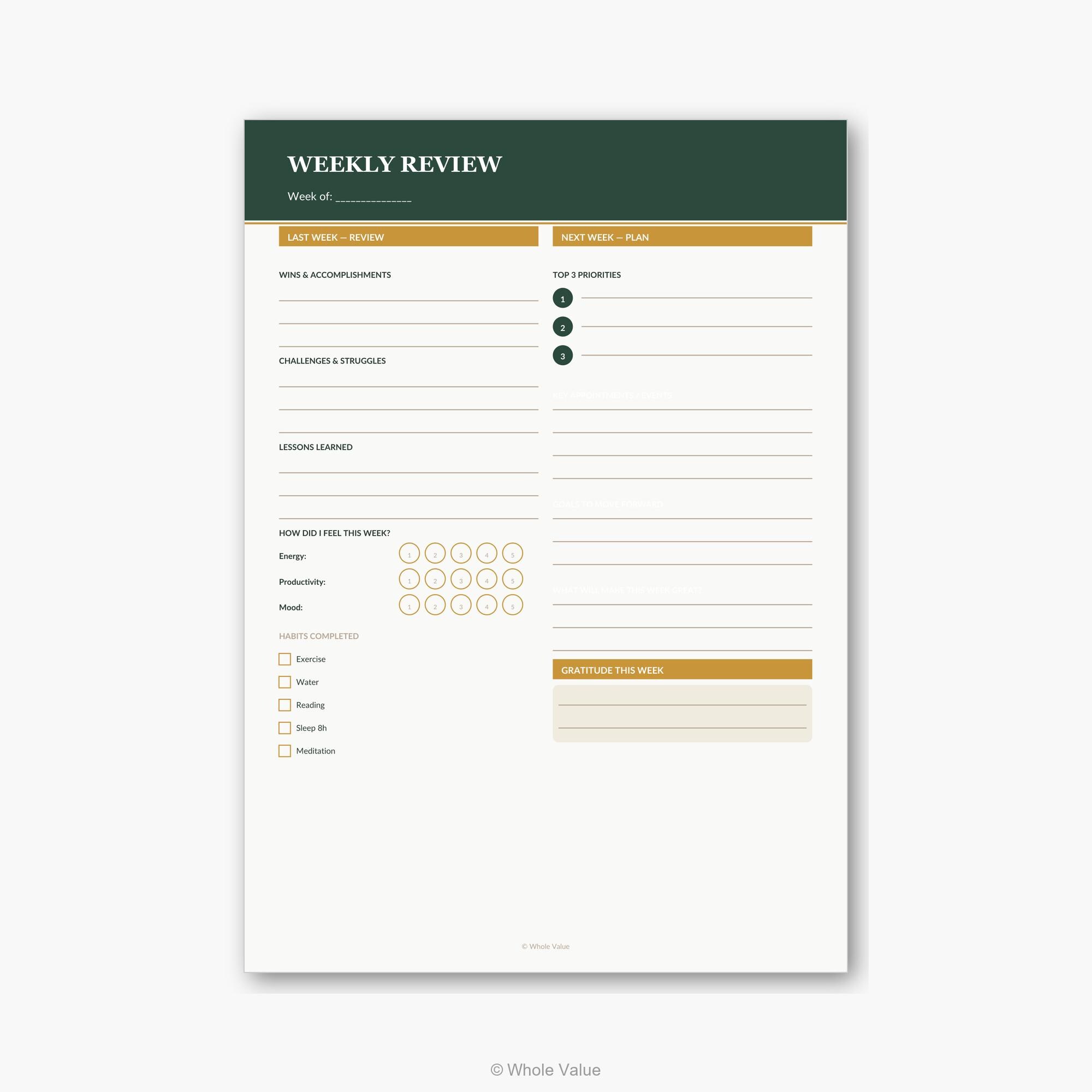 Weekly Review Printable Planner | Wins Challenges Lessons Ratings Next ...