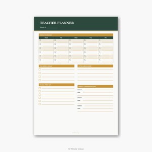 Może przedstawiać: Plan lekcji dla nauczyciela z ciemnozielonym nagłówkiem z napisem "TEACHER PLANNER". Planer zawiera sekcje dla harmonogramów tygodniowych, celów, przypomnień, list rzeczy do zrobienia i komunikacji z rodzicami. Układ jest kremowy ze złotymi i ciemnozielonymi akcentami.