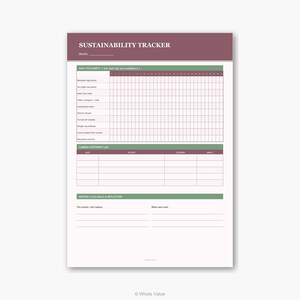 May include: A white paper titled "SUSTAINABILITY TRACKER" with sections for tracking daily eco habits, carbon footprint, and monthly goals. The top banner is burgundy, and the bottom sections are green. The tracker includes space for the month and a grid for daily entries.