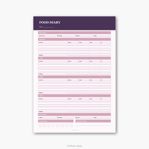 May include: A food diary notepad with a purple header that reads "FOOD DIARY." The notepad has a pink and white layout for tracking daily meals, calorie goals, and water intake. It includes sections for breakfast, lunch, dinner, and snacks.