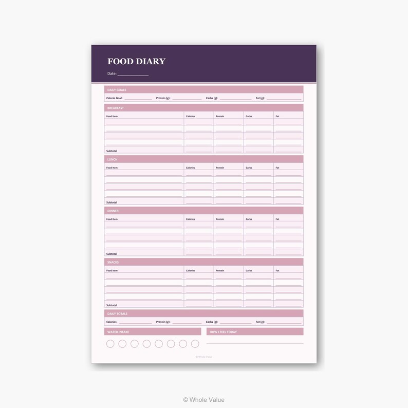 May include: A food diary notepad with a purple header that reads "FOOD DIARY." The notepad has a pink and white layout for tracking daily meals, calorie goals, and water intake. It includes sections for breakfast, lunch, dinner, and snacks.