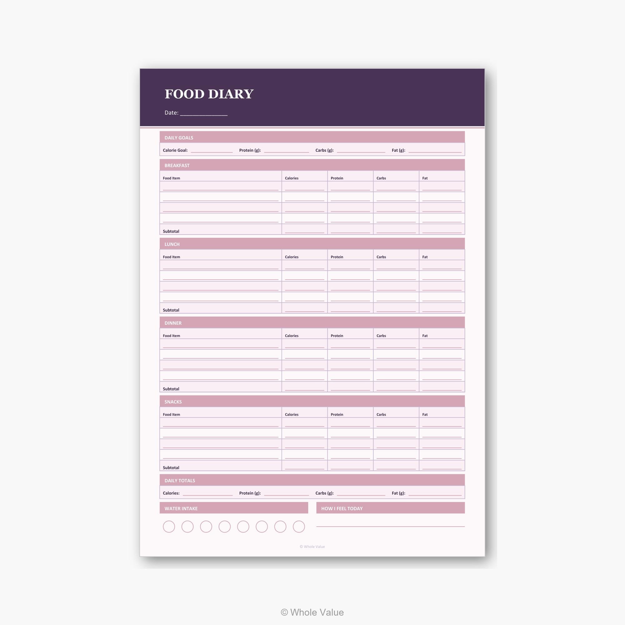 Food Diary Example Food Diary Printable PDF | Daily Meal Tracker With Calories Macros ...