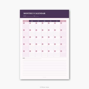 May include: A monthly calendar notepad with a purple header that reads "MONTHLY CALENDAR". The calendar grid is light pink with purple dots and lines. The bottom of the notepad has space for notes.