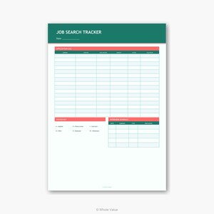 May include: A white Job Search Tracker sheet with a green header and red accent bars. The sheet includes sections for application logs, a status key, and an interview schedule. The text "Job Search Tracker" is at the top.