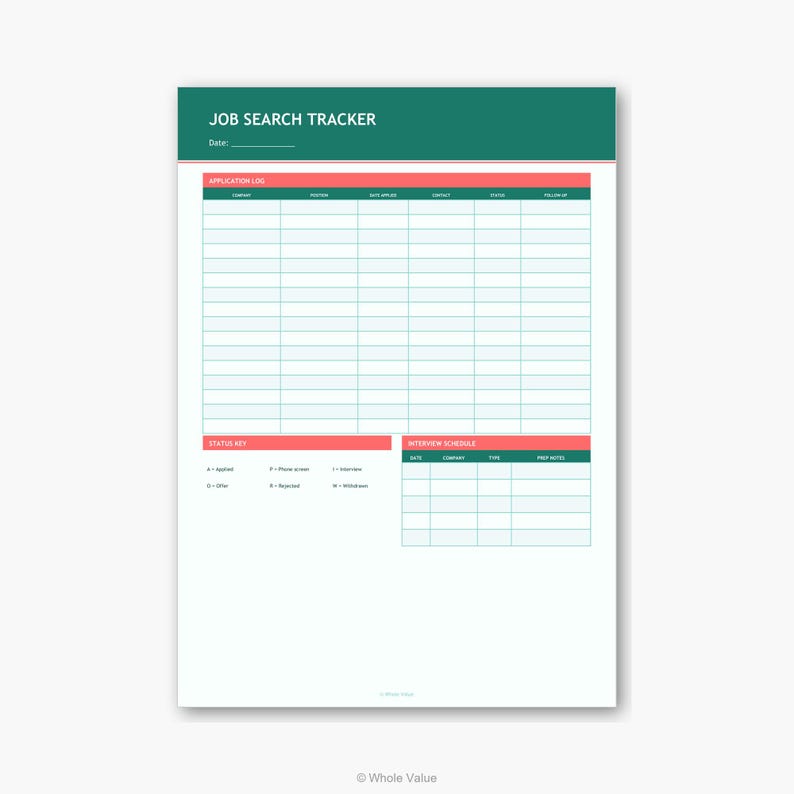 May include: A white Job Search Tracker sheet with a green header and red accent bars. The sheet includes sections for application logs, a status key, and an interview schedule. The text "Job Search Tracker" is at the top.