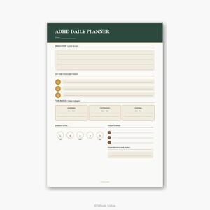 May include: A cream-colored ADHD daily planner with a dark green header. The planner includes sections for a brain dump, top 3 focuses, time blocks, energy levels, today's wins, and tomorrow's one thing. The text "ADHD DAILY PLANNER" is at the top.