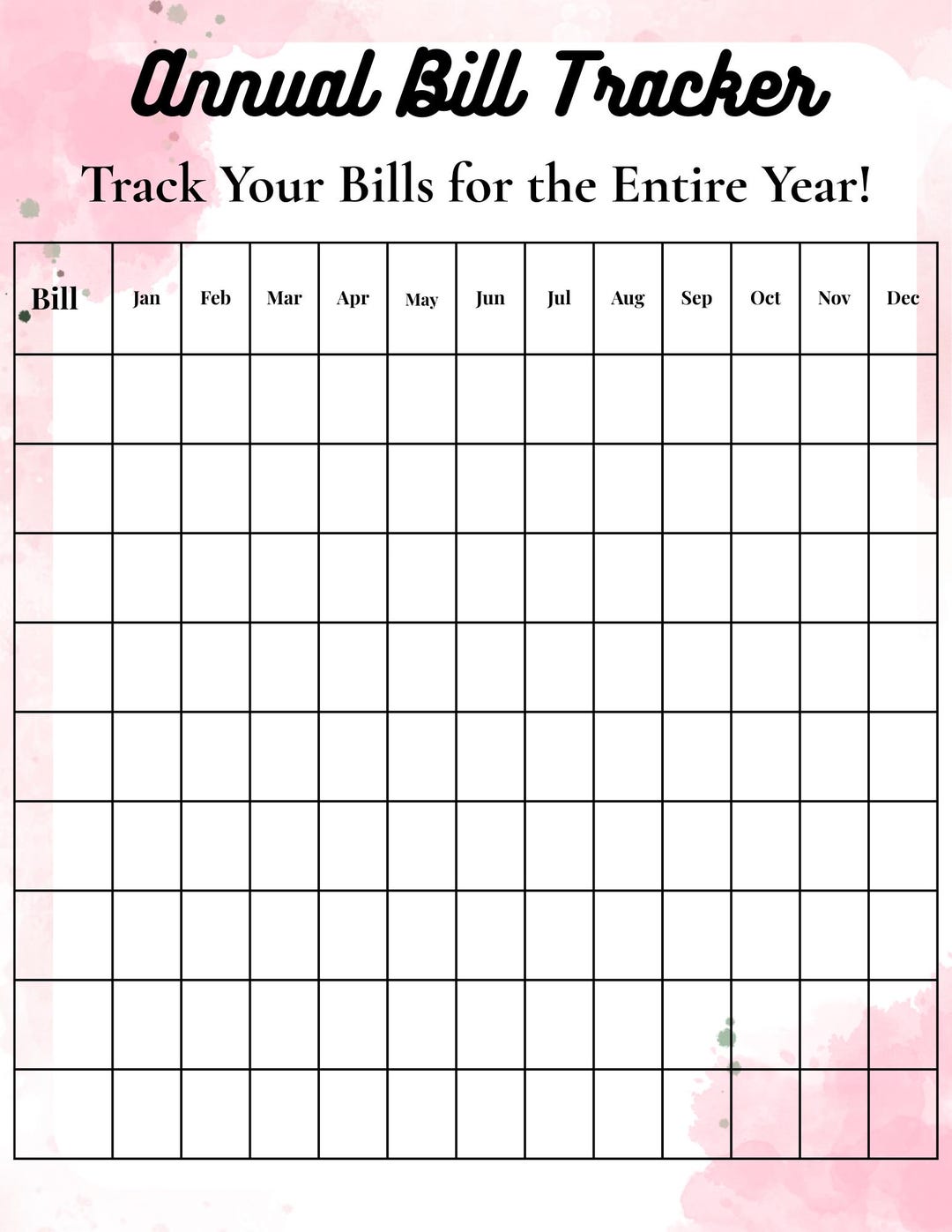 Annual Bill Tracker Printable, Yearly Bill Organizer, Bill Payment ...
