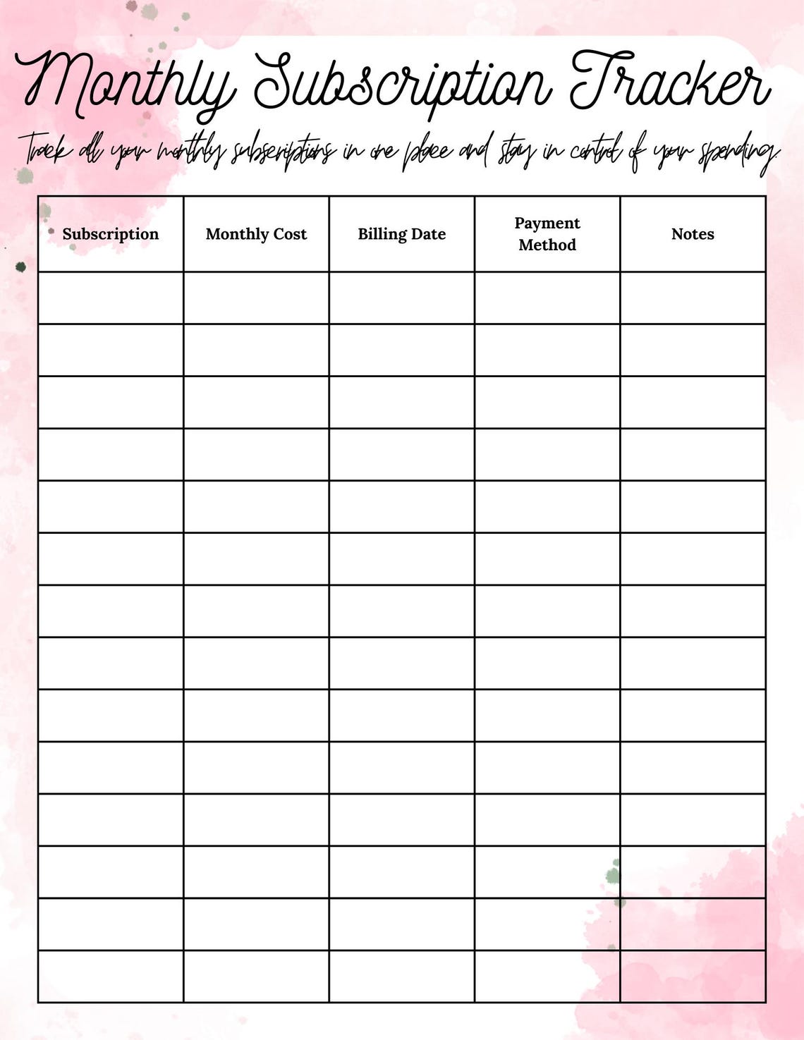Monthly Subscription Tracker Printable | Budget Planner (digital ...