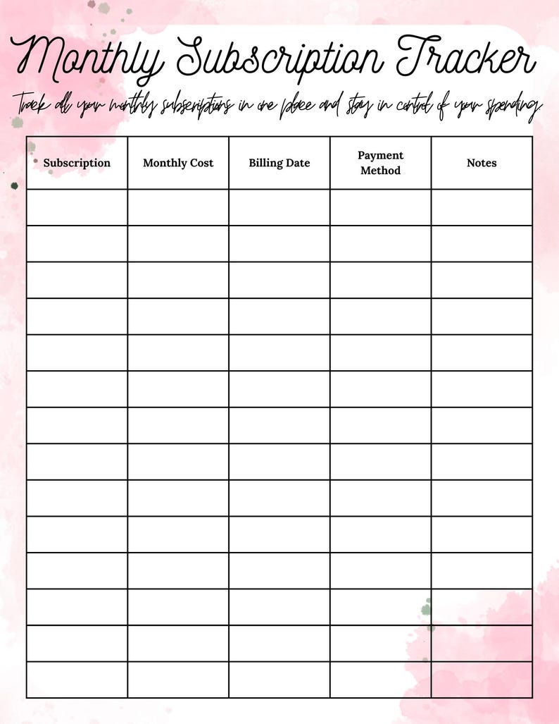 Sample Notes For Subscription Box Monthly Subscription Tracker Printable | Budget Planner (digital ...