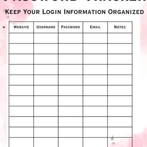以下が含まれることがあります： ピンクの水彩画の背景を持つパスワードトラッカー。「PASSWORD TRACKER」というタイトルは太字の黒文字です。その下には、「KEEP YOUR LOGIN INFORMATION ORGANIZED」というテキストが小さな黒文字で書かれています。トラッカーには、ウェブサイト、ユーザー名、パスワード、メール、メモの列があります。
