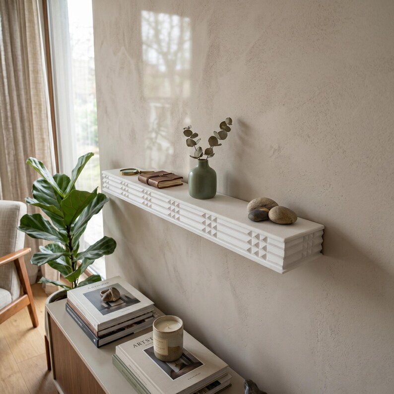 Modern Console Floating Shelf White Textured Wall Decor Long Display ...