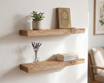 Juego de estantes flotantes de madera, decoración de pared de madera natural con vigas gruesas, almacenamiento rústico, estante hecho a mano