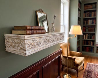 Prateleira flutuante de luxo esculpida, estilo francês antigo branco, para decoração de parede.