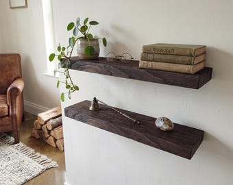 Floating Wood Shelves Set of 2, Thick Beam Dark Timber Rustic Wall Decor,