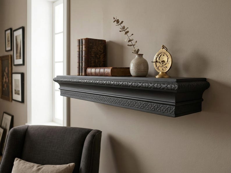 Antik stil flytande hylla gamla pengar dekor traditionell vägghylla vintage lyx display avsats bild 8
