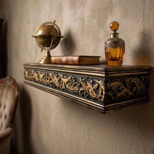 Könnte beinhalten: Ein dekoratives Regal in Schwarz und Gold mit kunstvollen Schnitzereien, das einen kleinen Globus, ein Buch und eine dekorative bernsteinfarbene Glasflasche enthält. Das Regal ist an einer strukturierten Wand befestigt und schafft eine Vintage-Ästhetik.