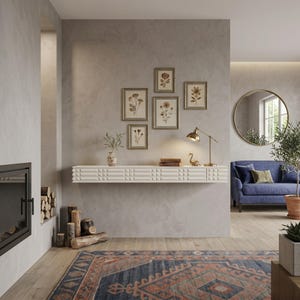 May include: A modern living room with a white floating shelf, adorned with a brass lamp and decorative swan. Above, framed botanical prints hang on a gray textured wall. A blue sofa, round mirror, and patterned rug complete the stylish interior.