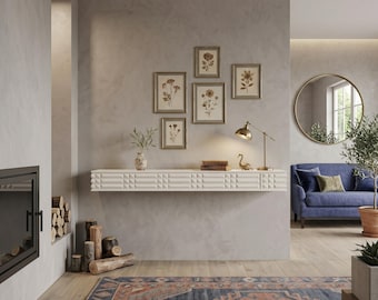 Estante flotante largo contemporáneo, consola de pared blanca texturizada, pieza de estilo moderno