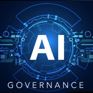 Könnte beinhalten: Ein digitales Grafikdesign mit den weißen Buchstaben "AI" im Zentrum, umgeben von einem blauen kreisförmigen Design mit schaltungsähnlichen Elementen. Das Wort "GOVERNANCE" wird darunter in weißen Buchstaben auf dunklem blauem Hintergrund angezeigt.