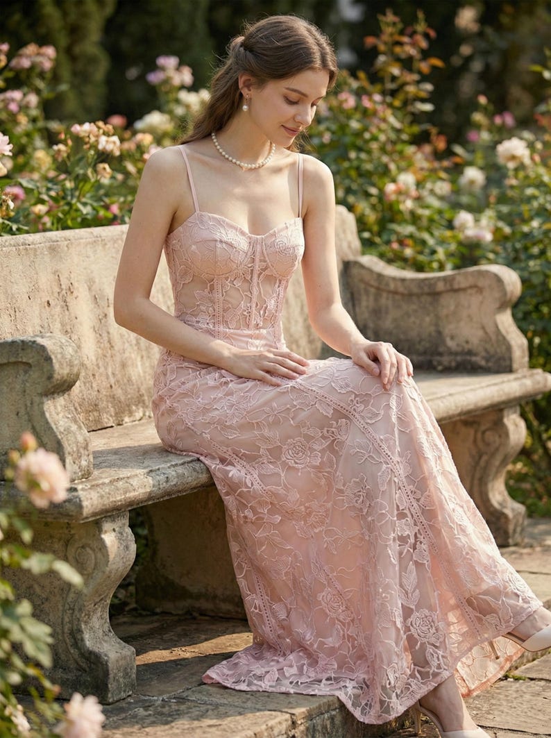 May include: A light pink lace dress with spaghetti straps. The dress features a fitted bodice and a flowing skirt, with floral lace detailing throughout. The dress is worn outdoors, with a garden in the background.