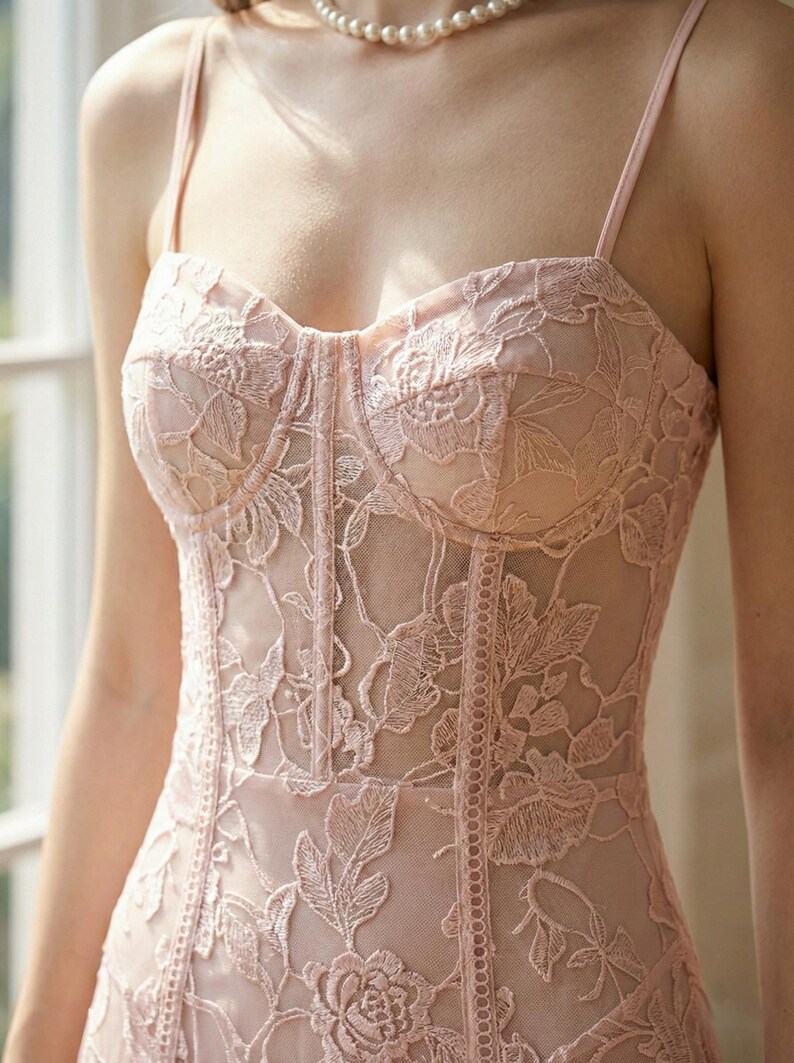 May include: Pale pink lace bustier dress with spaghetti straps. The dress features intricate floral embroidery and a fitted bodice. The delicate fabric and design create a romantic and elegant look. The dress is a beautiful example of lingerie or formal wear.