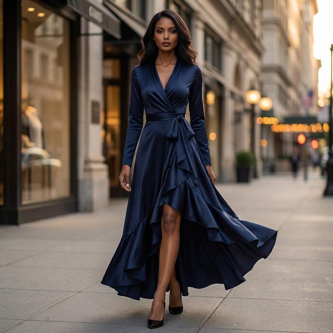 Navy Blue Satin Wrap Maxi Dress, Elegant Long Sleeve Evening Party Gown ...