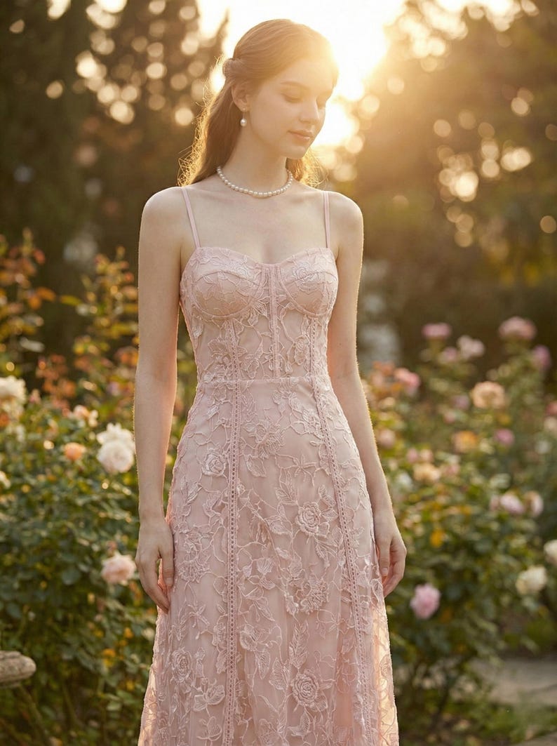 May include: A light pink, floor-length dress with a floral lace overlay. The dress features a fitted bodice with spaghetti straps and a sweetheart neckline. The dress is worn outdoors in a garden setting.