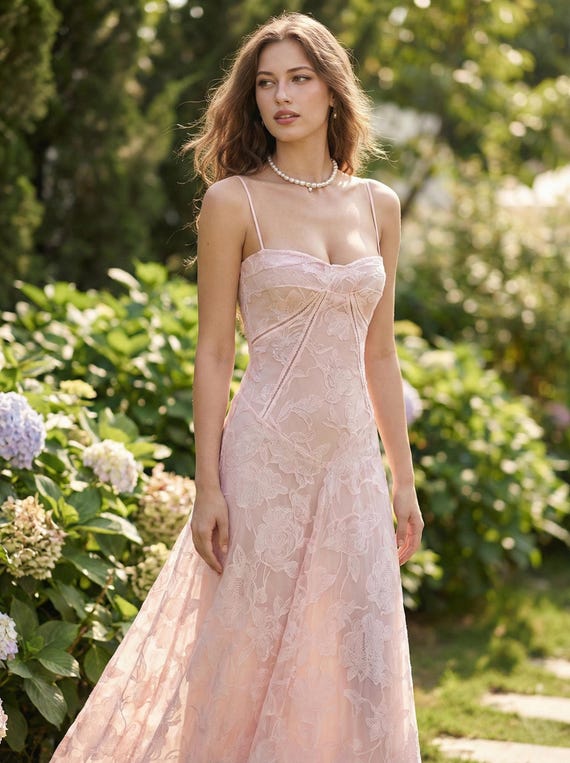Blush Pink Floral Lace Maxi Dress, Elegant Spaghetti Strap Wedding Guest Bridesmaid Gown