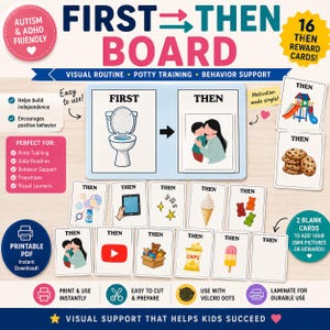 May include: A visual support board with the text "FIRST THEN BOARD" and "AUTISM & ADHD FRIENDLY". Includes cards for potty training, daily routines, and behavior support. Features 16 reward cards and 2 blank cards. The board is designed to help kids succeed.