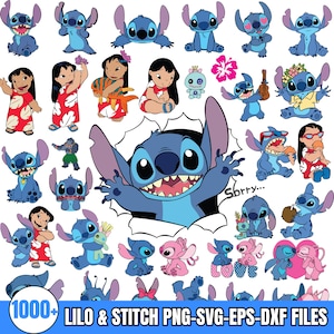 May include: A collection of cartoon illustrations featuring Stitch and Lilo from the Disney movie Lilo & Stitch. The images include various poses of Stitch, Lilo, and other characters, with a blue and white color scheme. Text at the bottom reads "1000+ LILO & STITCH PNG-SVG-EPS-DXF FILES."
