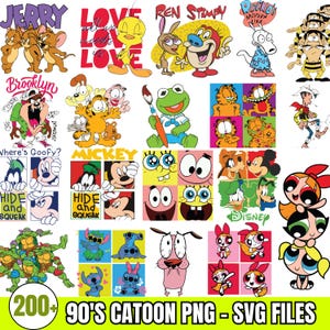 Puede incluir: Una colorida colección de personajes de dibujos animados de los años 90, como Tom y Jerry, Piolín, Ren y Stimpy y Mickey Mouse. La imagen también incluye el texto "200+ 90'S CATOON PNG - SVG FILES".