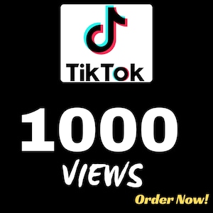 Peut inclure: Fond noir avec le logo TikTok dans un rectangle blanc. Le logo présente une note de musique rouge, noire et bleue. En dessous, le mot "TikTok" est écrit en noir. Le nombre "1000" est en blanc, avec "VIEWS" en dessous. "Order Now!" est en jaune.