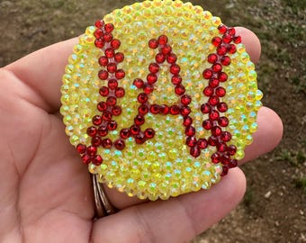 Custom Bedazzled Softball Pin Button: Personalized for logo or number in middle