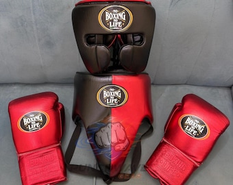 Personalized No Boxing No Life Sparring Set Original Cow Hide Leather Boxing Gloves Head Guard And Groin Guard Boxing Fighting Training Kit.