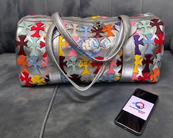 Cowhide Leather Duffle Bag, Chrome Heart Cross Shoulder Gym Weekender