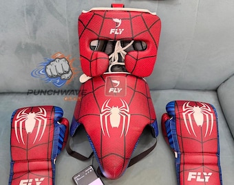 Personalized Latest Spider Addition Fly Boxing Sparring Set Original Cow Hide Leather Head And Groin Guard Kit.