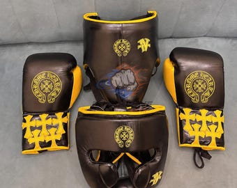 Custom Made Chrome Heart Boxing Set Boxing Gloves Head Guard Groin Guard Genuine Leather Boxing Kit.