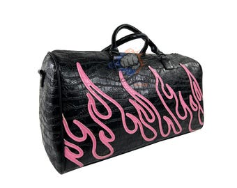 Black Crocodile Embossed Leather Duffle Bag with Pink Flame Appliqué – Travel Weekender