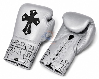 Custom Made Chrome Heart Christian design Cow Hide Leather Boxing Gloves Training Sparring Gloves.