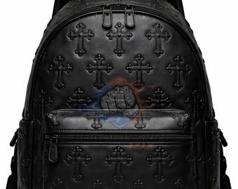 Zaino a croce in pelle nera, borsa a tracolla cristiana con cuore cromato