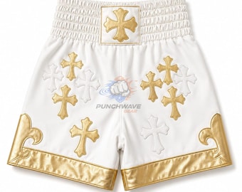 Pantalones cortos de boxeo personalizados hechos a mano / Pantalones cortos de entrenamiento de boxeo de calidad profesional con cruces de cuero