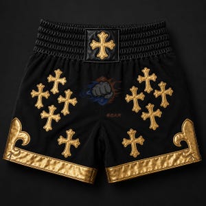 Pantalones cortos de boxeo personalizados en negro y dorado, pantalones cortos de lucha de Muay Thai, parches de cuero con cruces.