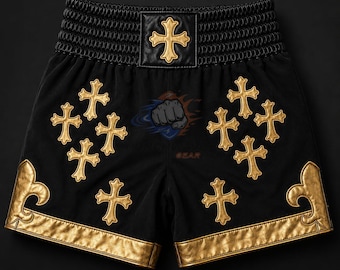 Custom Black Gold Boxing Shorts, Muay Thai Fight Trunks, Leather Cross Patches