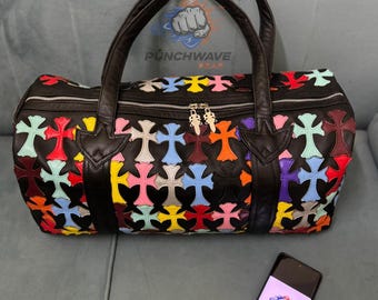 Bolsa de lona de cuero hecha a mano, bolso de fin de semana para gimnasio con diseño de corazón cruzado cromado.
