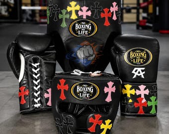 No Boxing No Life Boxing Set Christian Stylish Cross Patches Boxing Gloves Head Guard And Groin Guard Full Kit.