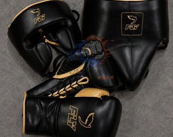 Personalized Fly Boxing Set Original Cow Hide Leather Boxing Gloves Head Guard And Groin Guard Boxing Fighting Training Kit.