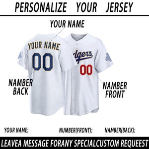 May include: White baseball jersey with blue and gold lettering and the number 00 on the back. The front of the jersey has the word "Dodgers" in blue and the number 00 in red. Text at the top says "PERSONALIZE YOUR JERSEY".