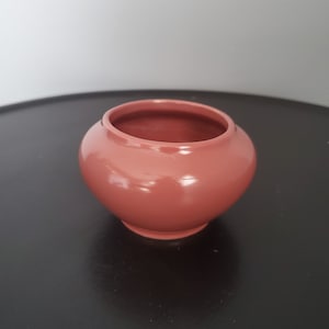 Puede incluir: Una pequeña maceta redonda de cerámica de color terracota con un acabado liso y brillante.