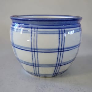 May include: A ceramic planter with a white base and a blue plaid pattern. The rim and vertical lines are blue. The planter has a rounded shape and is suitable for small plants or succulents.